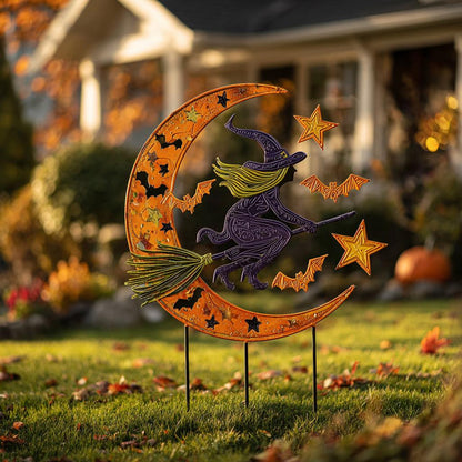 UV Printed Aluminum Witch Yard Stake, Crescent Moon Halloween Garden Decor