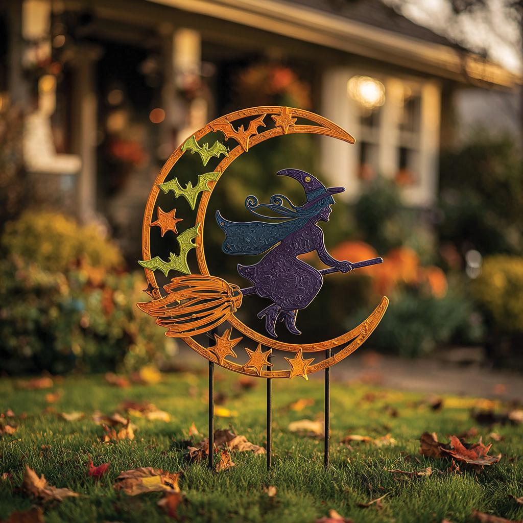 UV Printed Aluminum Witch Yard Stake, Crescent Moon Halloween Garden Decor