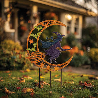 UV Printed Aluminum Witch Yard Stake, Crescent Moon Halloween Garden Decor