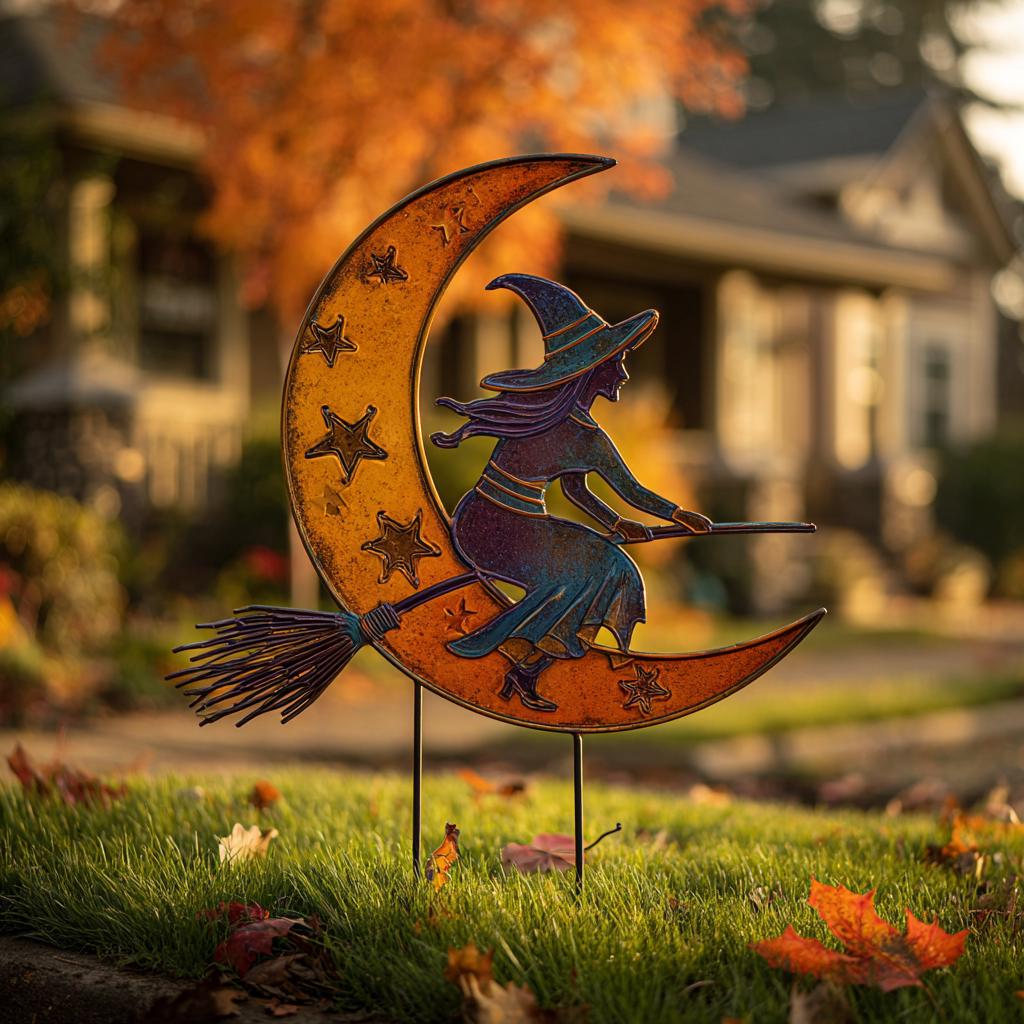 UV Printed Aluminum Witch Yard Stake, Crescent Moon Halloween Garden Decor
