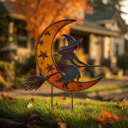 UV Printed Aluminum Witch Yard Stake, Crescent Moon Halloween Garden Decor