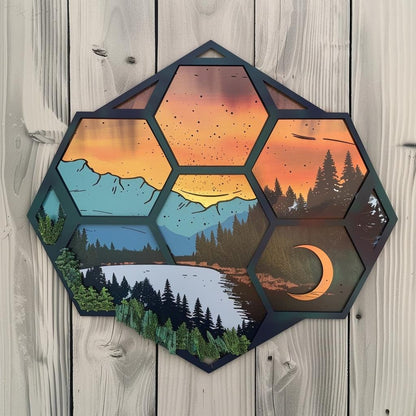 UV Printed Aluminum Mountain Scene Wall Art, Geometric Forest Lake Decor Sign