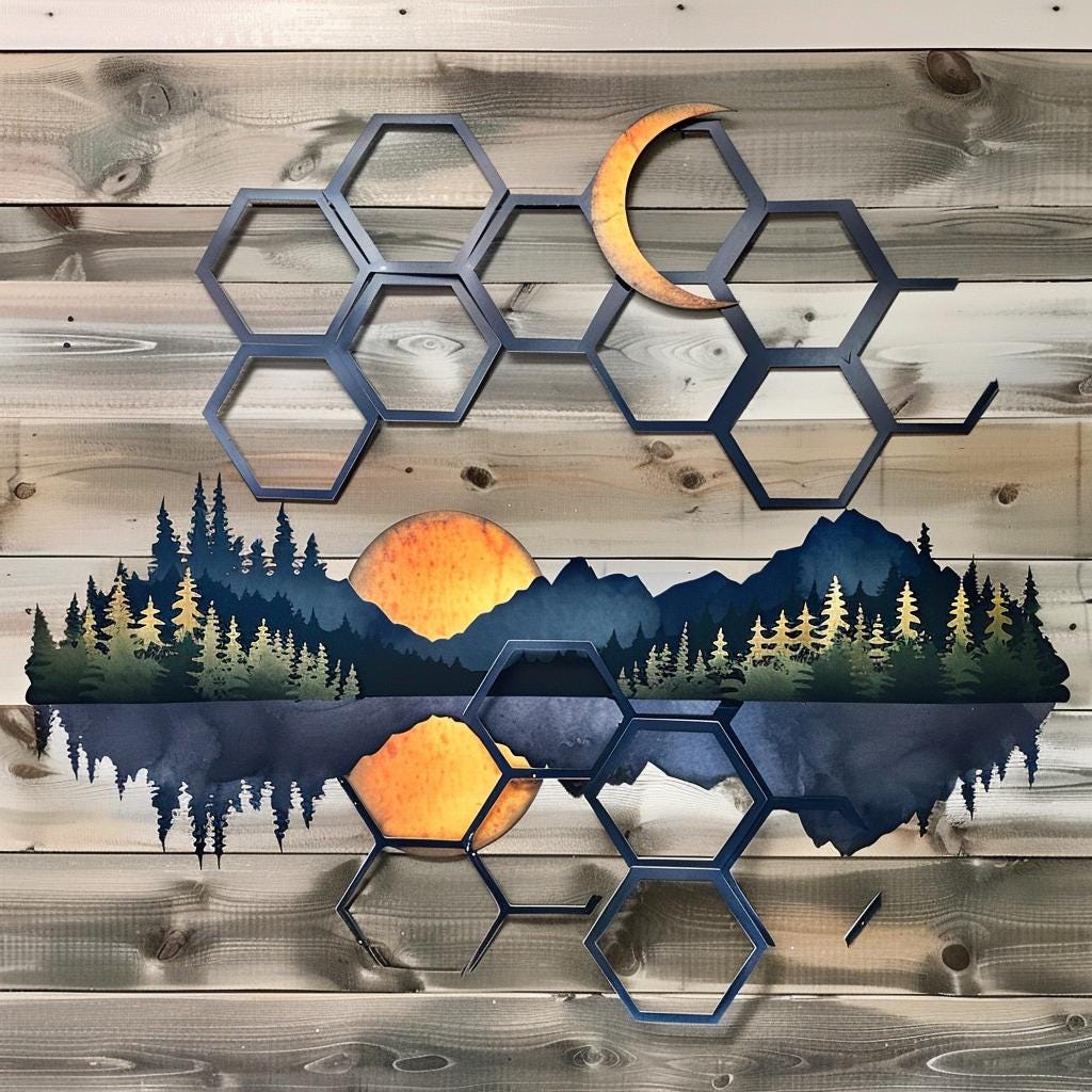 UV Printed Aluminum Mountain Scene Wall Art, Geometric Forest Lake Decor Sign