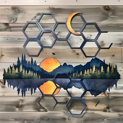 UV Printed Aluminum Mountain Scene Wall Art, Geometric Forest Lake Decor Sign