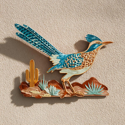 Southwestern Roadrunner Metal Wall Art: Desert Bird Cactus Decor (UV Printed Aluminum)