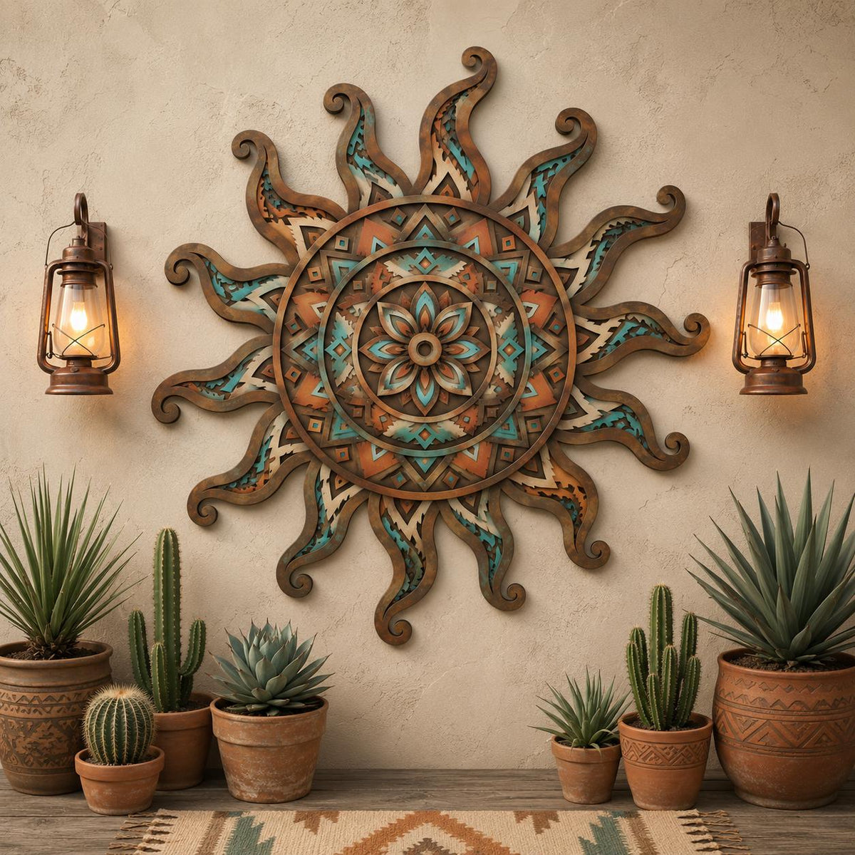 Southwestern Sunburst Metal Wall Art: UV Printed Aluminum, Boho Desert Decor