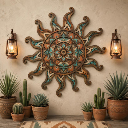 Southwestern Sunburst Metal Wall Art: UV Printed Aluminum, Boho Desert Decor