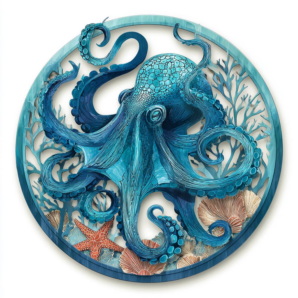 Octopus Metal Wall Art: Coastal Ocean UV Printed Aluminum Nautical Marine Life Hanging Sign