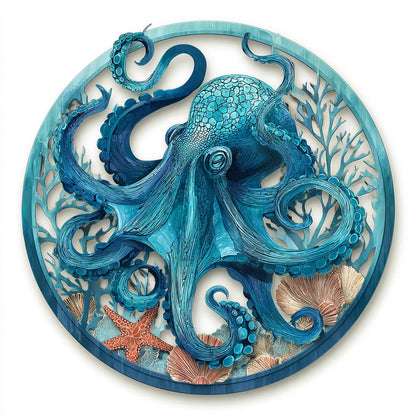 Octopus Metal Wall Art: Coastal Ocean UV Printed Aluminum Nautical Marine Life Hanging Sign