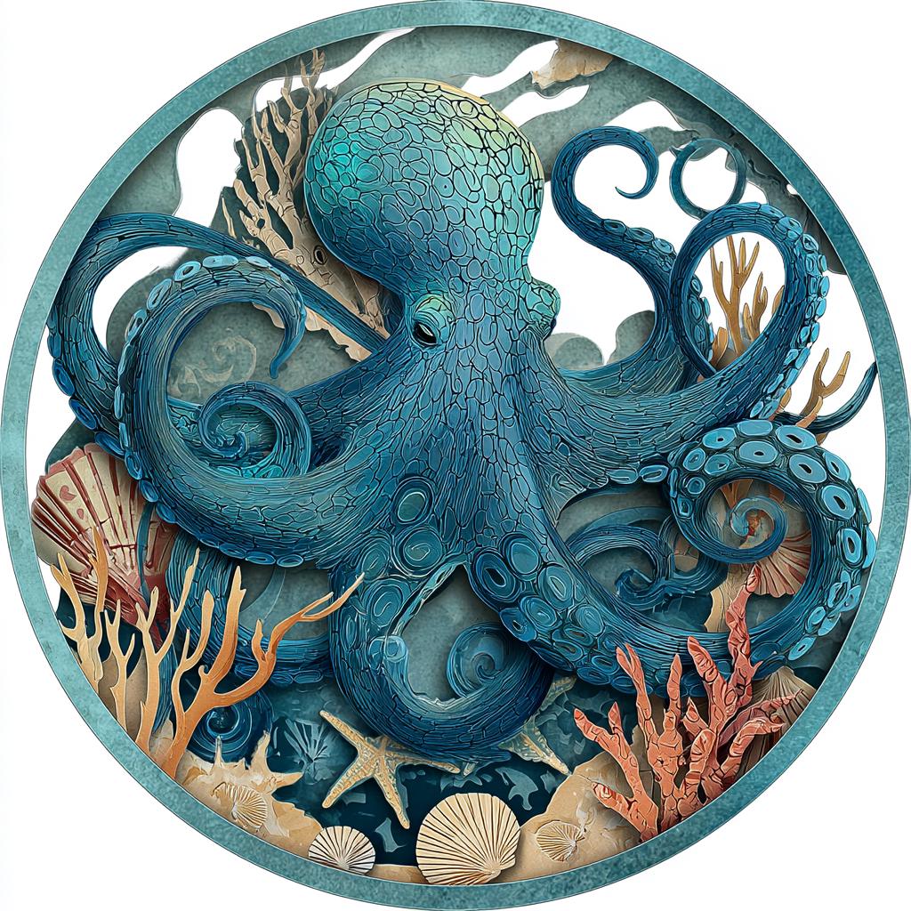 Octopus Metal Wall Art: Coastal Ocean UV Printed Aluminum Nautical Marine Life Hanging Sign