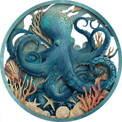 Octopus Metal Wall Art: Coastal Ocean UV Printed Aluminum Nautical Marine Life Hanging Sign
