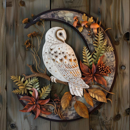 Snowy Owl Crescent Moon Metal Art, Woodland Celestial Decor, Rustic Nature (UV Printed Aluminum)