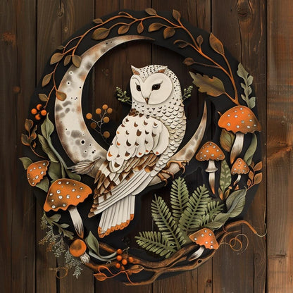 Snowy Owl Crescent Moon Metal Art, Woodland Celestial Decor, Rustic Nature (UV Printed Aluminum)