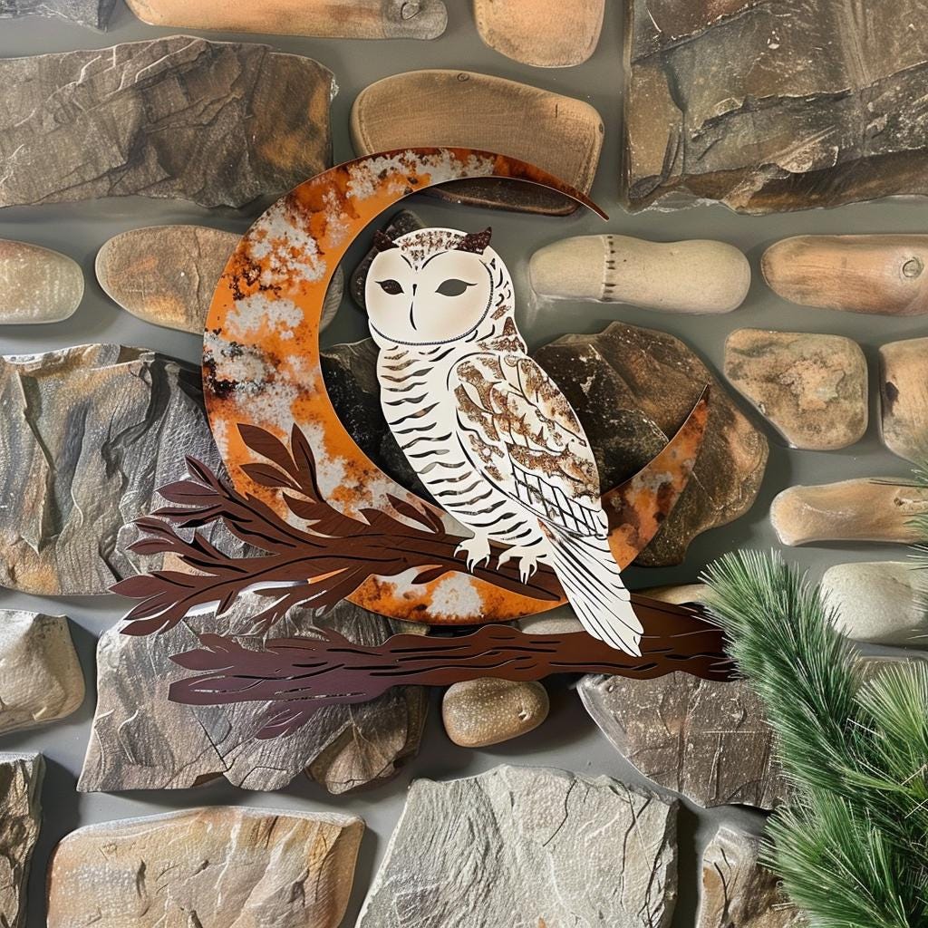 Snowy Owl Crescent Moon Metal Art, Woodland Celestial Decor, Rustic Nature (UV Printed Aluminum)