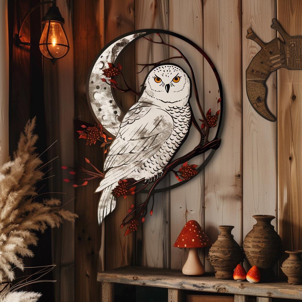 Snowy Owl Crescent Moon Metal Art, Woodland Celestial Decor, Rustic Nature (UV Printed Aluminum)