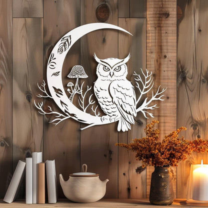 Snowy Owl Crescent Moon Metal Art, Woodland Celestial Decor, Rustic Nature (UV Printed Aluminum)