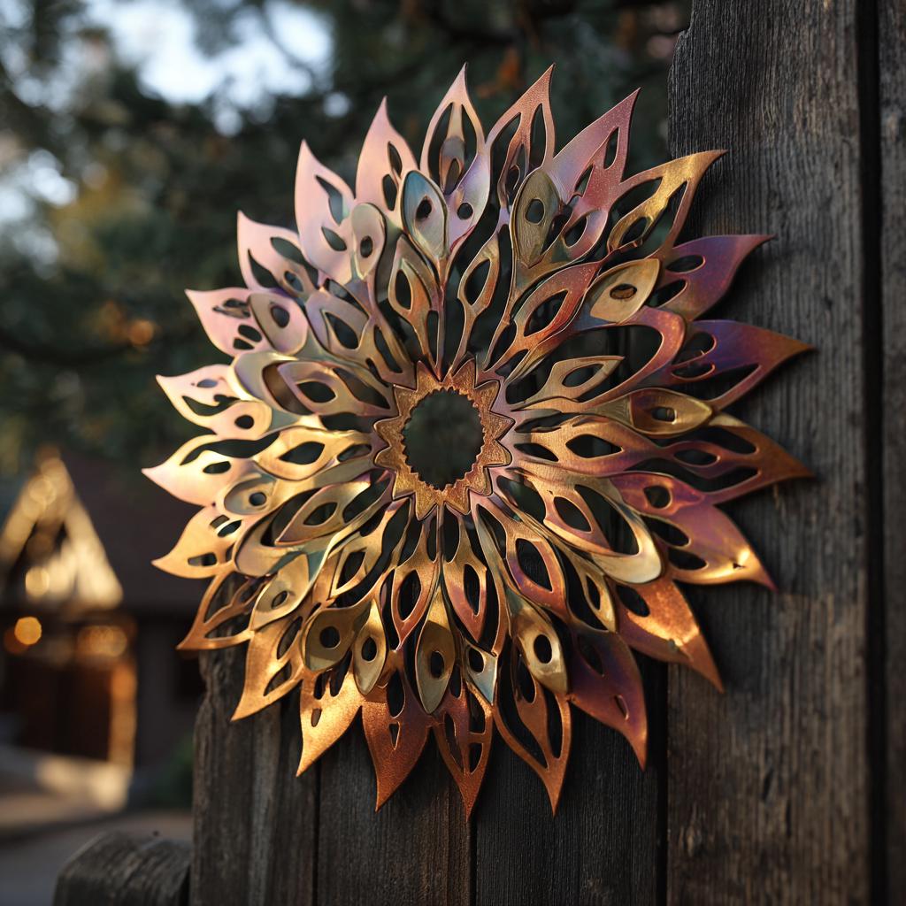 Boho Mandala Metal Wall Art UV Printed Floral Copper Sunburst Decor