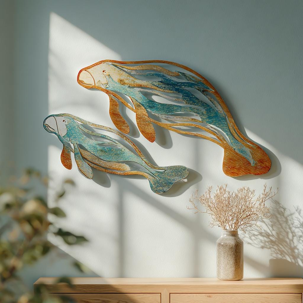 UV Printed Aluminum Manatee Wall Art: Coastal Beach House Decor