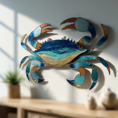 Blue Crab Metal Wall Art: UV Printed Aluminum Sign, Coastal Beach Decor