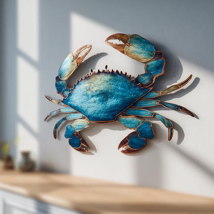 Blue Crab Metal Wall Art: UV Printed Aluminum Sign, Coastal Beach Decor