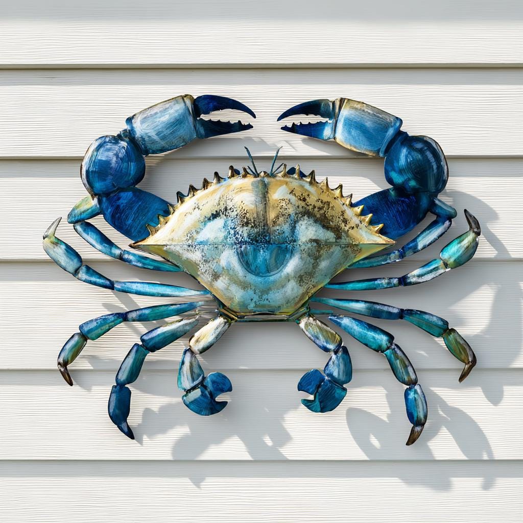 Blue Crab Metal Wall Art: UV Printed Aluminum Sign, Coastal Beach Decor