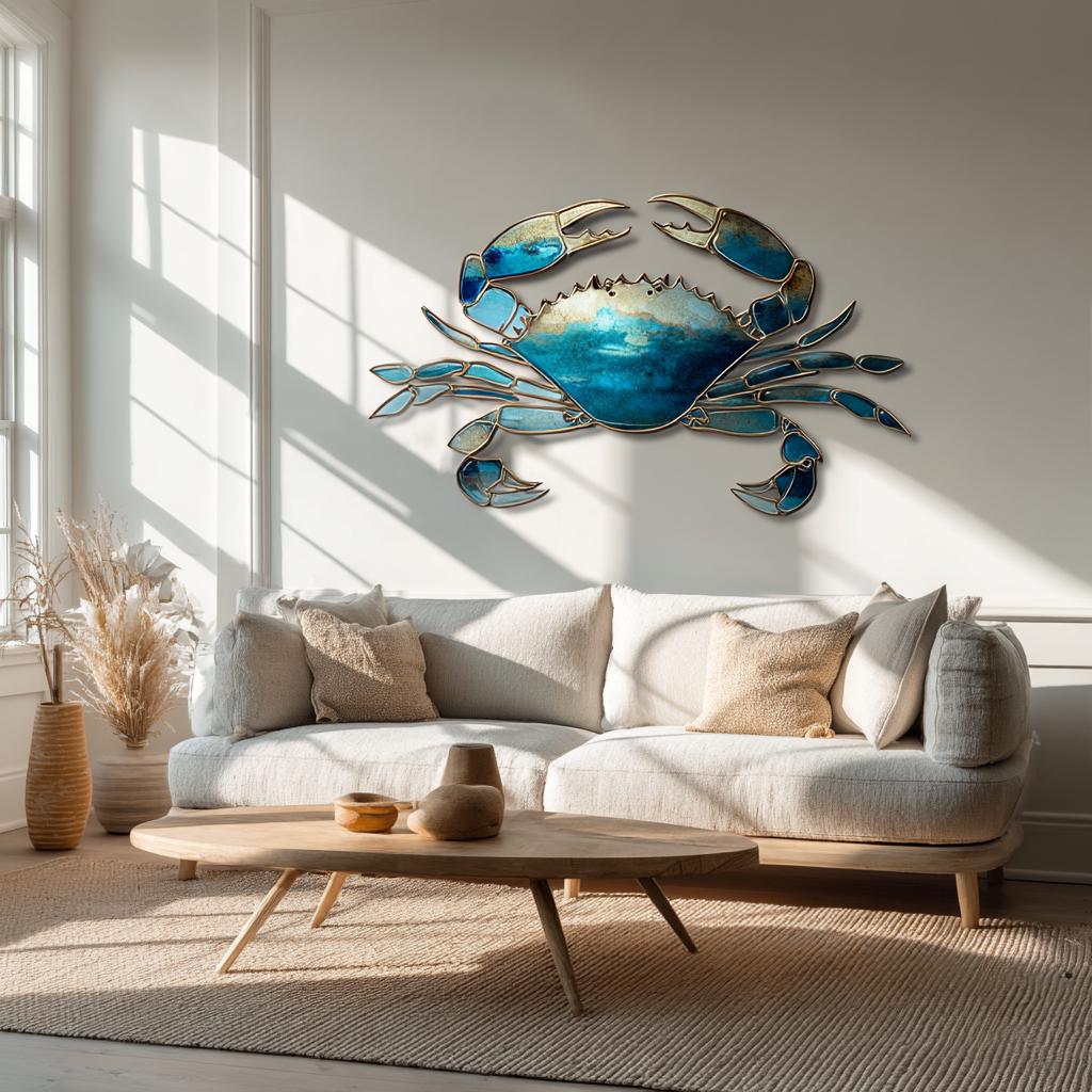 Blue Crab Metal Wall Art: UV Printed Aluminum Sign, Coastal Beach Decor