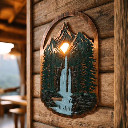 Mountain Waterfall Metal Art, Rustic Pine Forest Cabin Decor, UV Printed Aluminum Sign