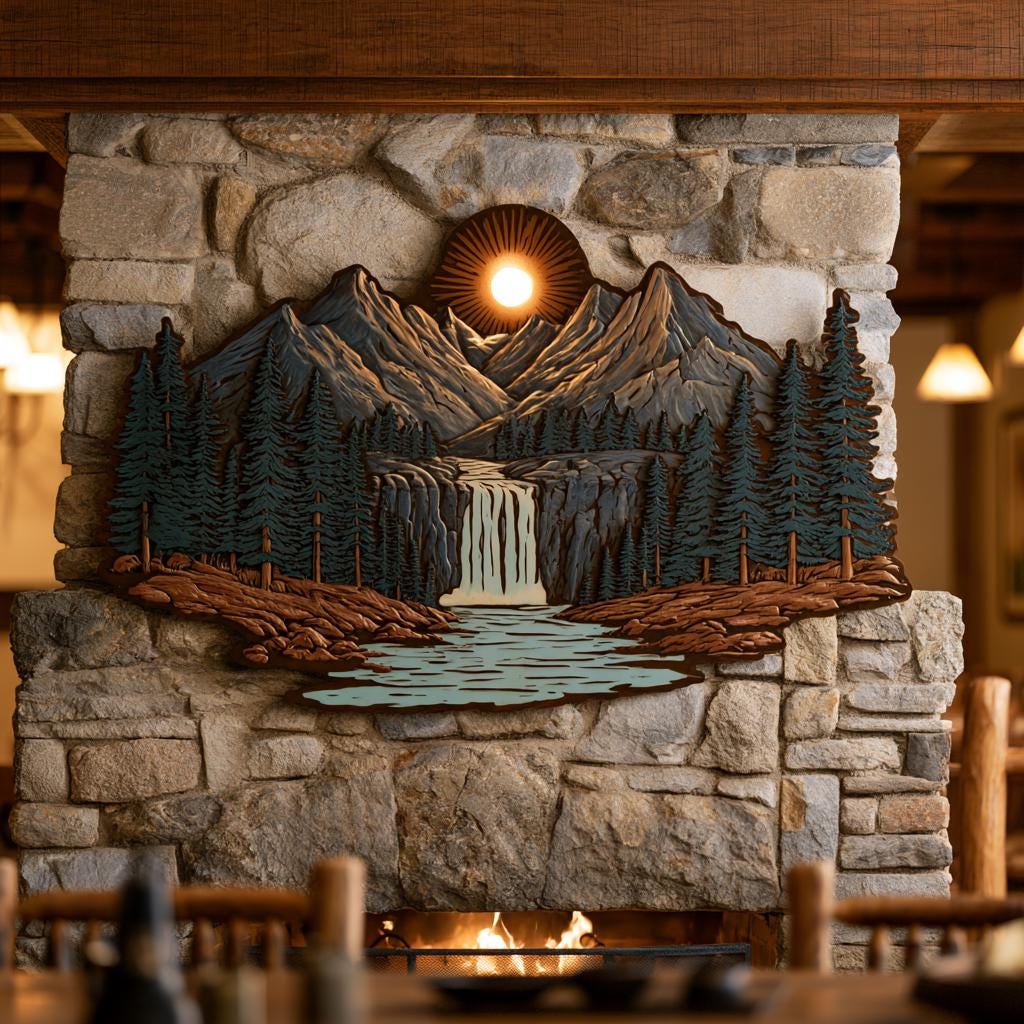 Mountain Waterfall Metal Art, Rustic Pine Forest Cabin Decor, UV Printed Aluminum Sign