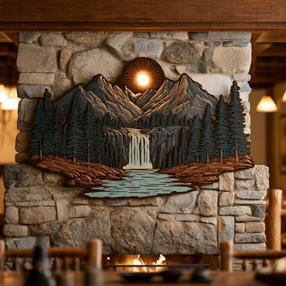 Mountain Waterfall Metal Art, Rustic Pine Forest Cabin Decor, UV Printed Aluminum Sign