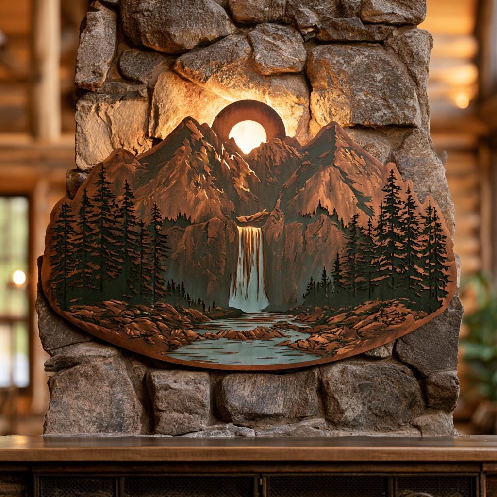 Mountain Waterfall Metal Art, Rustic Pine Forest Cabin Decor, UV Printed Aluminum Sign