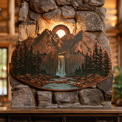 Mountain Waterfall Metal Art, Rustic Pine Forest Cabin Decor, UV Printed Aluminum Sign