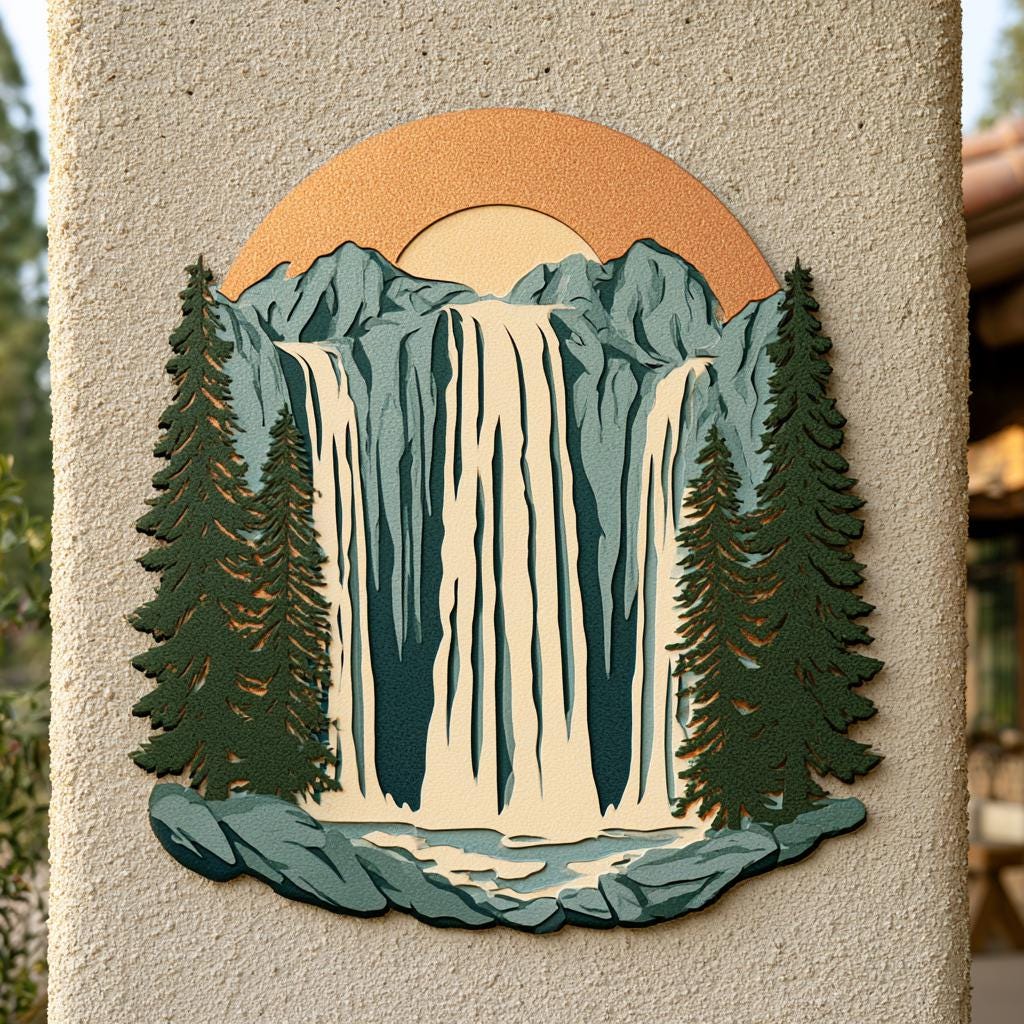 Mountain Waterfall Metal Art, Rustic Pine Forest Cabin Decor, UV Printed Aluminum Sign
