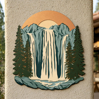Mountain Waterfall Metal Art, Rustic Pine Forest Cabin Decor, UV Printed Aluminum Sign