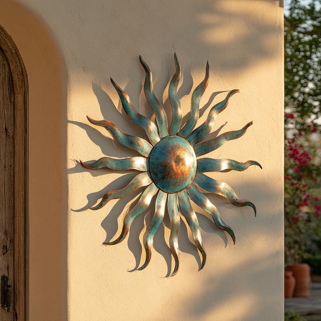 UV Printed Aluminum Sunburst Wall Art, Southwestern Patio Decor, Rustic Boho Garden Art