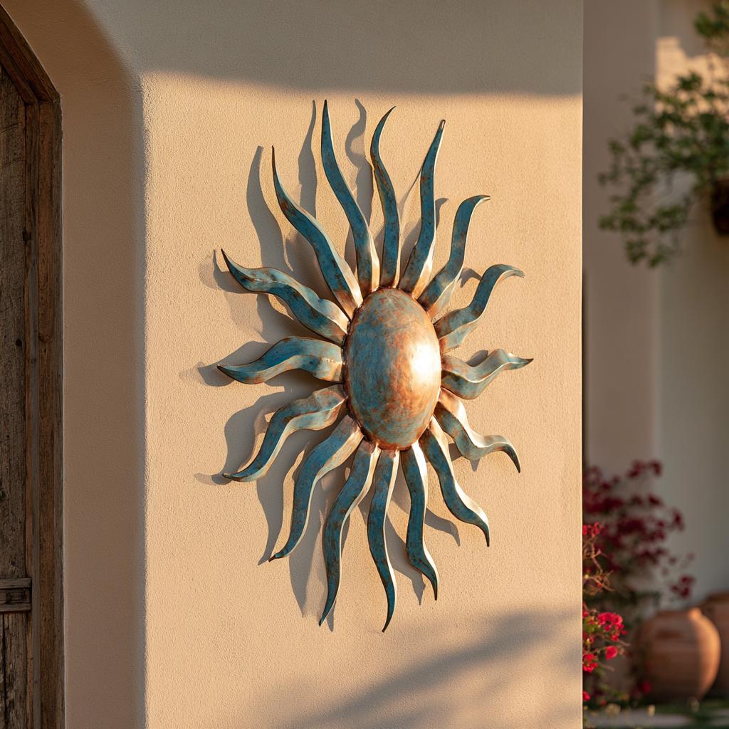 UV Printed Aluminum Sunburst Wall Art, Southwestern Patio Decor, Rustic Boho Garden Art