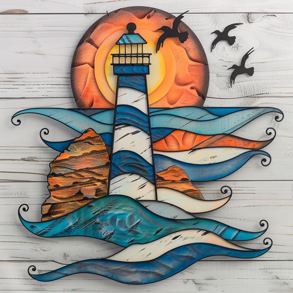 Lighthouse Coastal Metal Wall Art: Ocean Sunset Seascape Decor (UV Printed Aluminum)