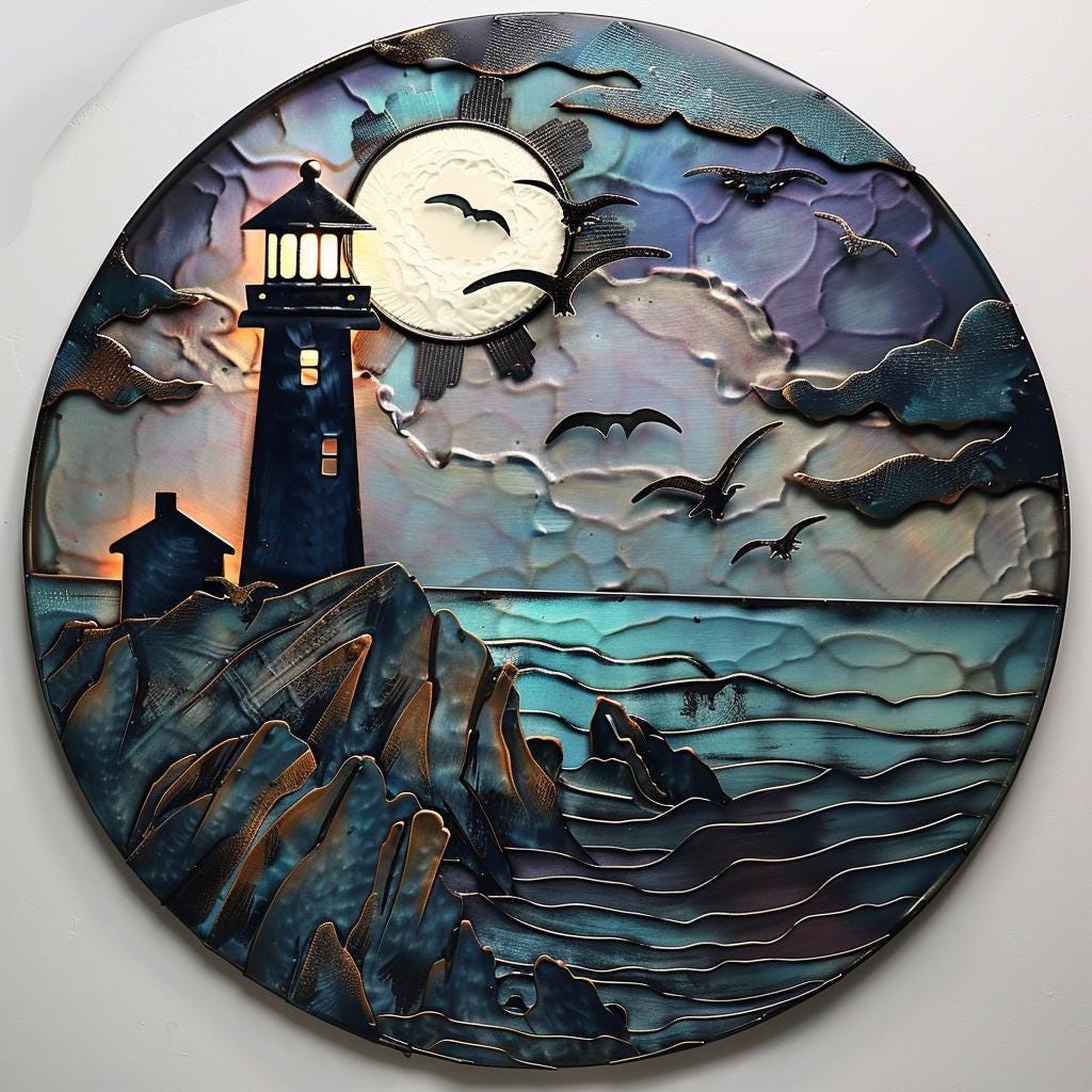 Lighthouse Coastal Metal Wall Art: Ocean Sunset Seascape Decor (UV Printed Aluminum)