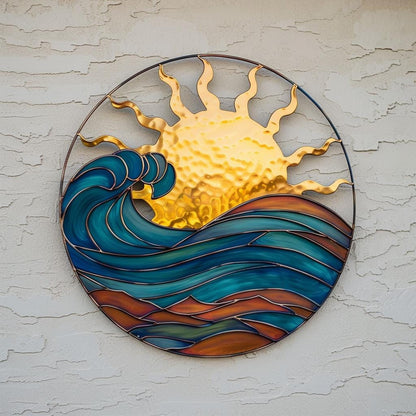 Sunset Wave Metal Wall Art, Coastal Ocean Sun Decor, UV Printed Aluminum Sign