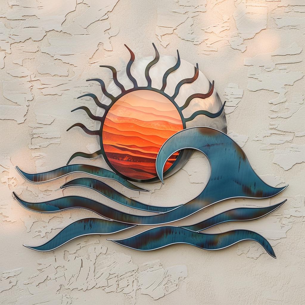 Sunset Wave Metal Wall Art, Coastal Ocean Sun Decor, UV Printed Aluminum Sign