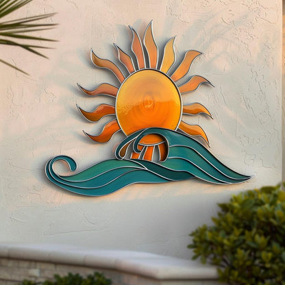 Sunset Wave Metal Wall Art, Coastal Ocean Sun Decor, UV Printed Aluminum Sign