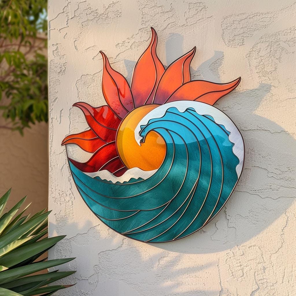 Sunset Wave Metal Wall Art, Coastal Ocean Sun Decor, UV Printed Aluminum Sign