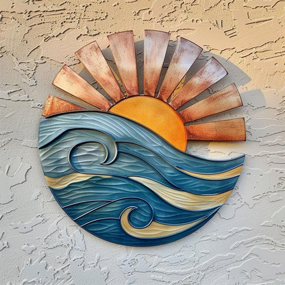 Sunset Wave Metal Wall Art, Coastal Ocean Sun Decor, UV Printed Aluminum Sign