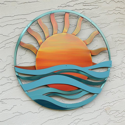 Sunset Wave Metal Wall Art, Coastal Ocean Sun Decor, UV Printed Aluminum Sign