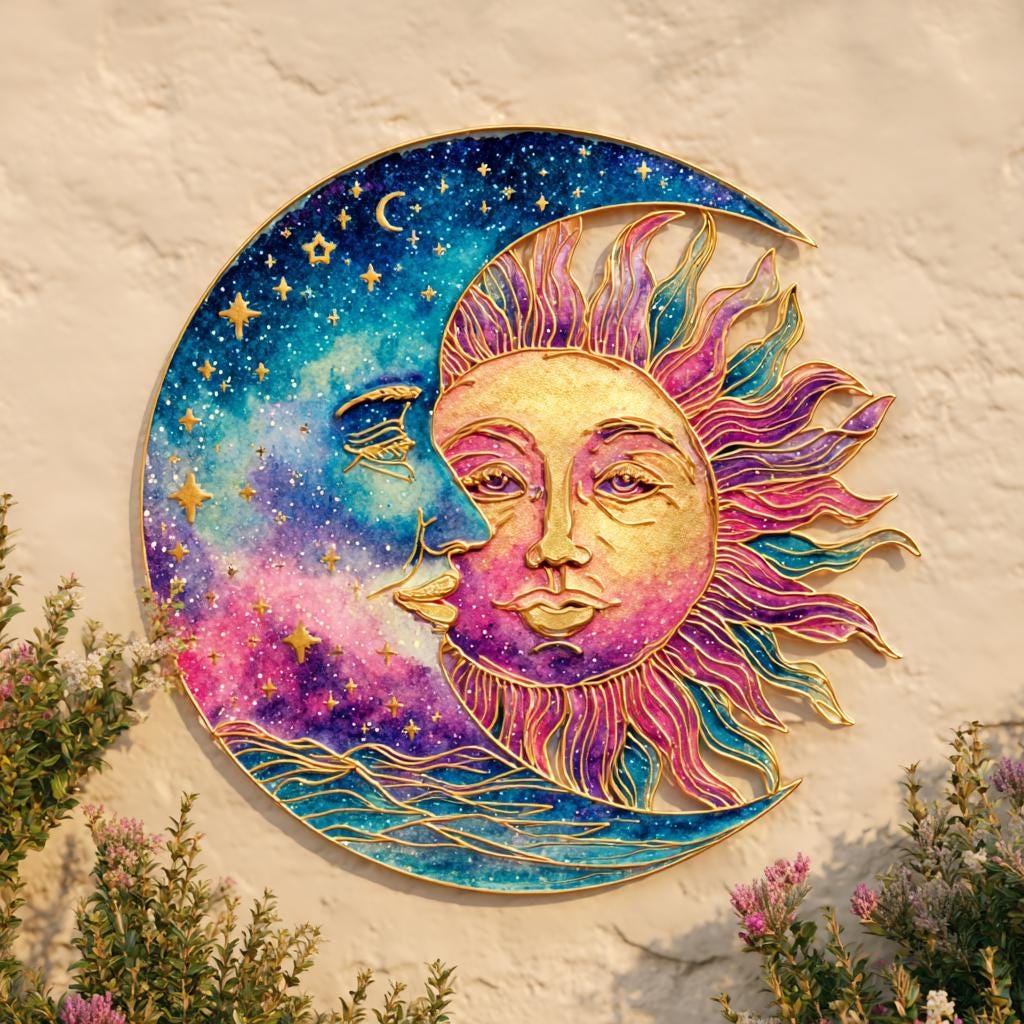 Celestial Sun Moon Metal Wall Art, Boho Astrology Patio Decor, UV Printed Aluminum Sign