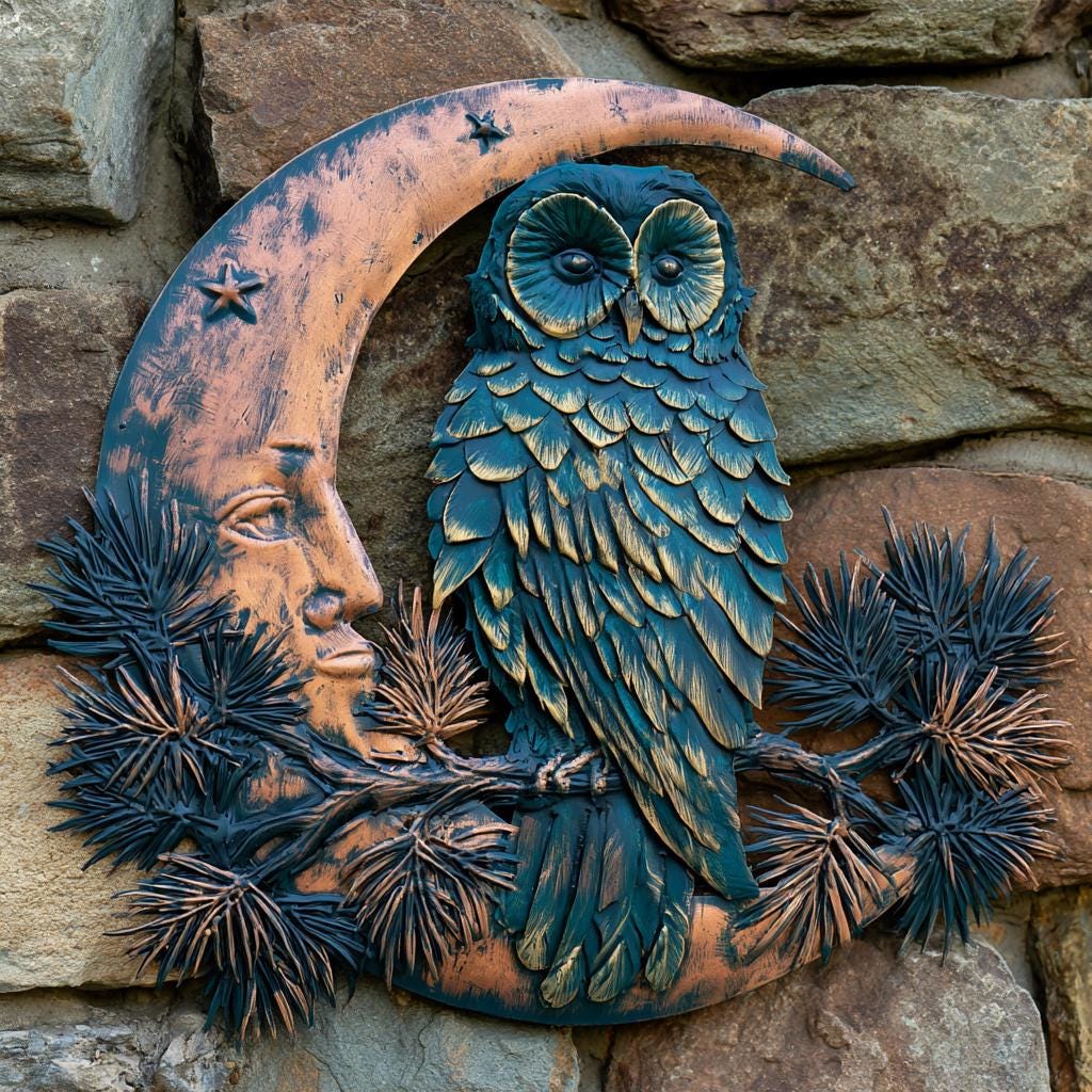 UV Printed Aluminum Owl Moon Metal Wall Art, Celestial Woodland Decor