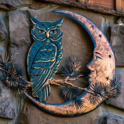 UV Printed Aluminum Owl Moon Metal Wall Art, Celestial Woodland Decor