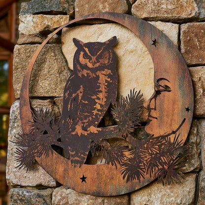UV Printed Aluminum Owl Moon Metal Wall Art, Celestial Woodland Decor