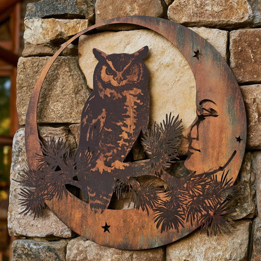 UV Printed Aluminum Owl Moon Metal Wall Art, Celestial Woodland Decor