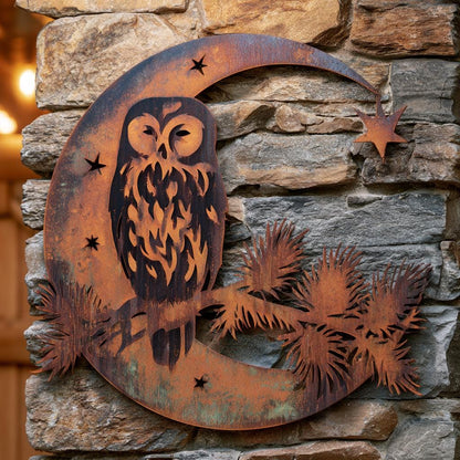 UV Printed Aluminum Owl Moon Metal Wall Art, Celestial Woodland Decor