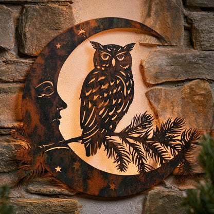 UV Printed Aluminum Owl Moon Metal Wall Art, Celestial Woodland Decor